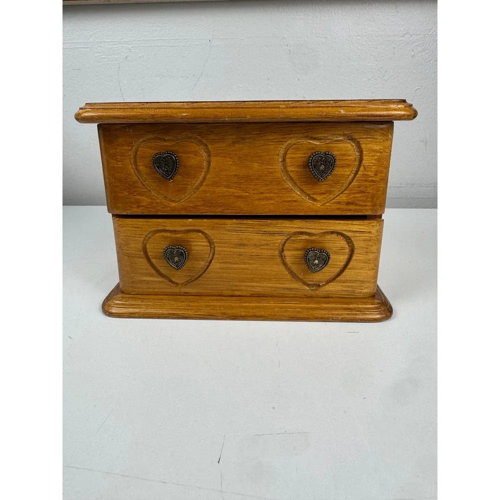 Vtg Wooden Jewelry Box Heart Carved Oak Finish Mirror Ring Storage Organizer